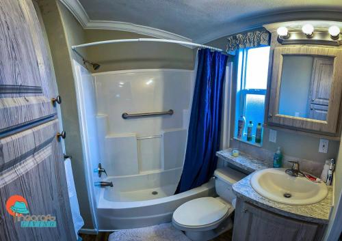 萨拉索塔Pinecraft Cottage Tiny Home的带淋浴、卫生间和盥洗盆的浴室