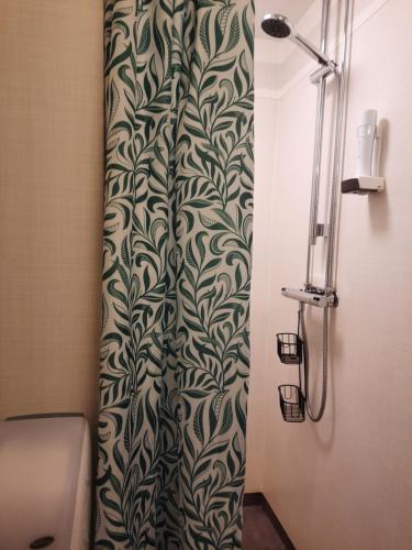 韦特兰达卡瓦恩达蒙斯住宿加早餐旅馆的浴室内带黑色和白色图案的浴帘
