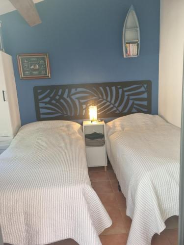 勒拉旺杜coustelline的卧室设有两张床铺,拥有蓝色的墙壁