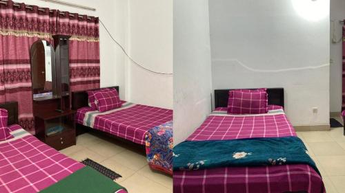 达卡Mohammadia Restaurant & Guest House Near United Hospital的紫色床单的客房内的两张床