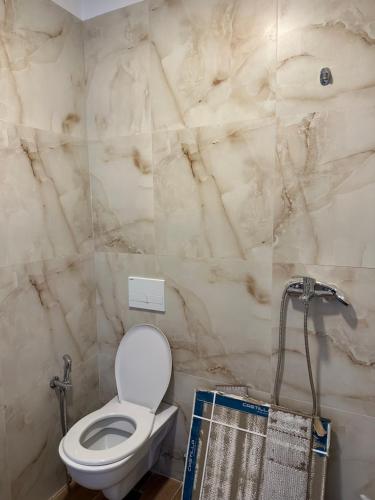 地拉那Luxury apartment in the calmest area的一间带卫生间和大理石墙的浴室