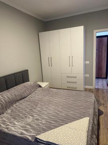 地拉那Luxury apartment in the calmest area的一间卧室配有一张床和白色橱柜