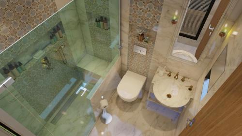 İmrahorLotus Airport Hotel的享有带卫生间和淋浴的浴室的顶部景致。