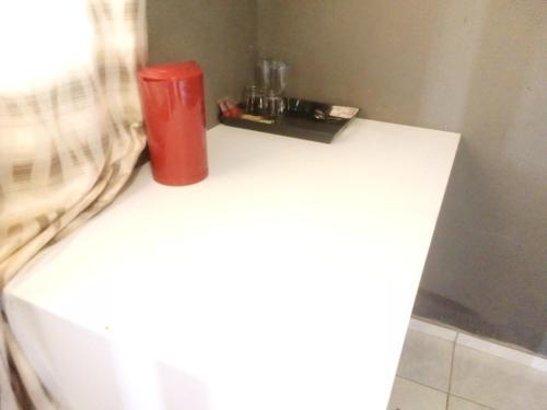 BochumLetz Guest Lodge的红色的垃圾可以坐在白色桌子上