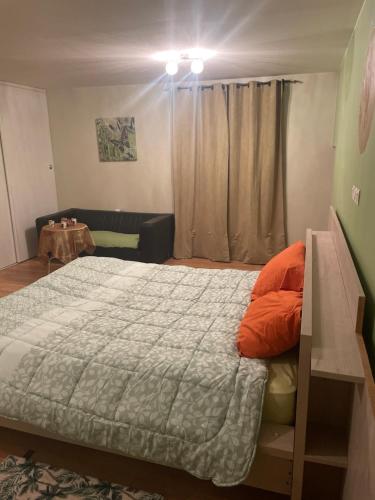 PusignanChambre verte spacieuse côté aéroport的一间卧室配有一张带橙色枕头的床