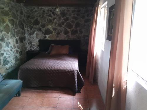 El ManzanilloVILLA ELENA un refugio en el bosque的卧室配有一张石墙床