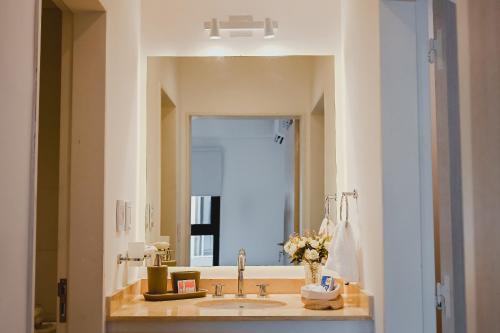萨尔塔Alcazar Suites Deluxe的一间带水槽和大镜子的浴室