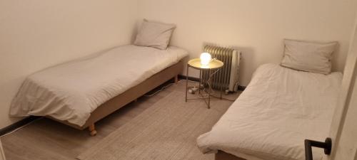 安特卫普Spacious 2 Bedroom Apartment with Court yard - Antwerp Smooth Stays的客房设有两张床和一张带台灯的桌子。