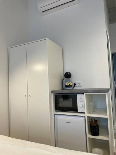 克雷廷加Apartment Loftas13-5的一间配备了微波炉和橱柜的白色厨房
