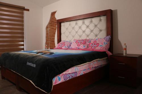 萨卡特兰Cabañas La Cuadra的卧室配有一张带粉红色枕头的大床