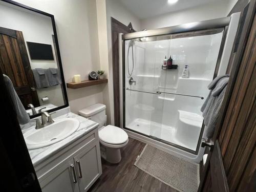 维勒蒙特The Highmark Cabin的带淋浴、卫生间和盥洗盆的浴室