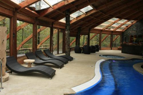惠洛惠洛Huilo Huilo Montaña Mágica的凉亭内的游泳池,配有椅子和滑梯