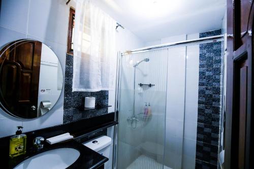 爱妮岛双宝石海滩度假村的带淋浴、盥洗盆和镜子的浴室