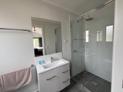 DenmanDenman Van Village的白色的浴室设有水槽和淋浴。