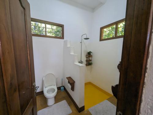 UtendeKivulini Lodge的一间带卫生间的浴室和两个窗户。