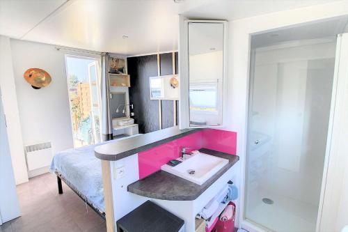 HudimesnilCottage Premium, camping 5* avec parc aquatique的一间带水槽和淋浴的小浴室
