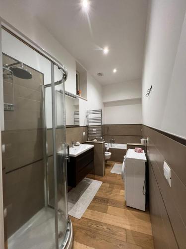 内图诺Miramare的带淋浴、盥洗盆和卫生间的浴室