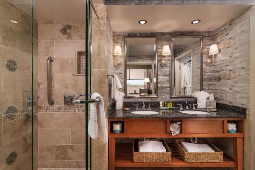 列克星敦列克星敦市中心希尔顿酒店的一间带两个盥洗盆和淋浴的浴室