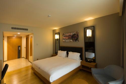 埃拉泽Windyhill Hotel的卧室配有一张白色大床和一把椅子