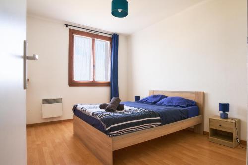阿维尼翁Appartement Cosy proche Gare TGV et Centre ville.的一间卧室配有一张带蓝色床单的床和一扇窗户。