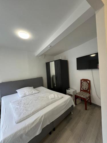 戈斯拉尔Ferienwohnung ENJOY 2的卧室配有白色的床和椅子
