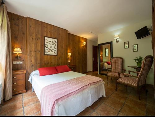 ParzánLa Fuen hostal Bielsa-Parzan的卧室配有一张床和一张桌子及椅子