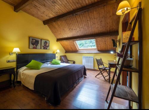 ParzánLa Fuen hostal Bielsa-Parzan的一间卧室配有一张带绿色枕头的床和梯子