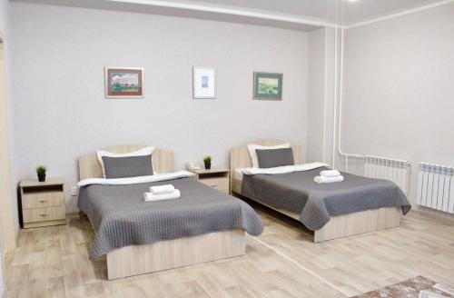 巴甫洛达尔гостиница Павлодар的一间客房内配有两张床的房间