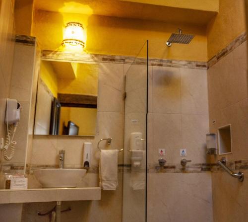 莱瓦镇圣安东尼奥拉波萨达酒店的浴室配有盥洗盆和带镜子的淋浴