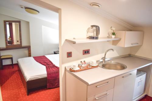 斯科普里Hotel Hamburg的一间带水槽的浴室和一张位于客房内的床