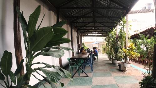 莱蒂西亚Hotel de la Selva的一座种植了植物的庭院和一座桌子