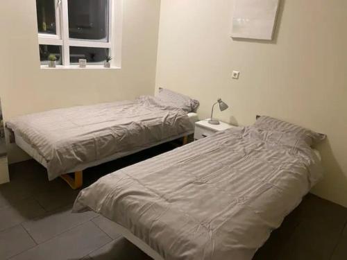 胡萨维克Húsavík 2 Bedroom Apartment的带窗户的客房内设有两张单人床。