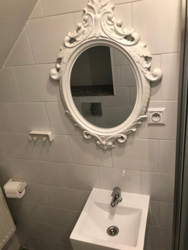 格里兹鲍House Hostelli的浴室设有水槽和墙上的镜子