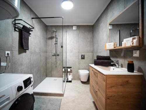 巴斯约兹Adalia lodge的带淋浴、盥洗盆和卫生间的浴室