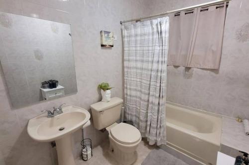 CoamoCoamo Beautiful house, AC, 10min Coamo hot springs的浴室配有卫生间、盥洗盆和浴缸。