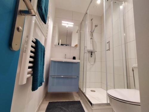 戛纳Naomi cannes的带淋浴、卫生间和盥洗盆的浴室