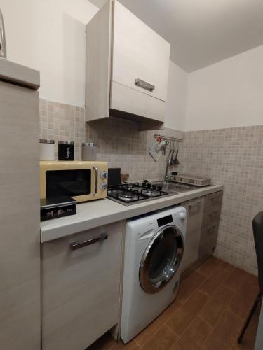 塔尔奎尼亚La casetta di Patry的厨房配有洗衣机和微波炉。