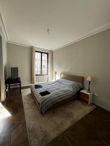 日内瓦Appartement Eaux Vives The Happy Place Lake Side的一间卧室设有一张大床和一个窗户。