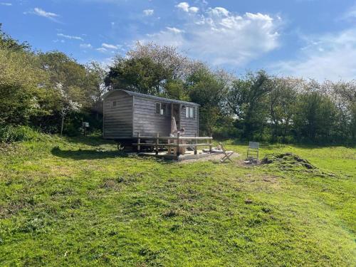 NewchurchUnder the Stars Shepherds Huts at Harbors Lake的田野里的小棚子,有人站在外面