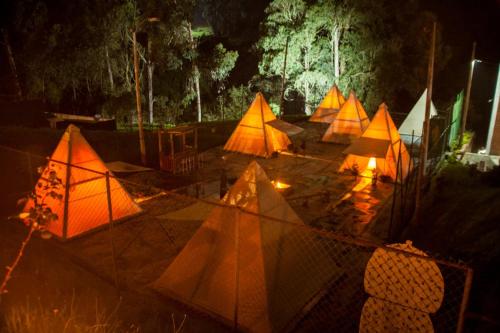 拉卡莱拉Glamping termales La Calera的一群帐篷在晚上点燃