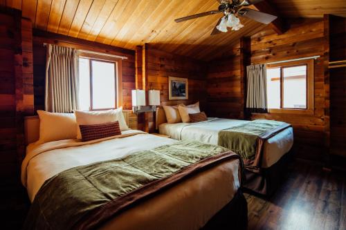 麦金利公园迪纳利小屋旅馆的小木屋内一间卧室,配有两张床