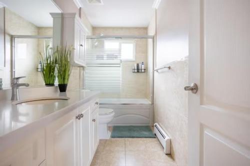 萨里Jane's private rooms with shared washroom的一间带水槽、卫生间和淋浴的浴室