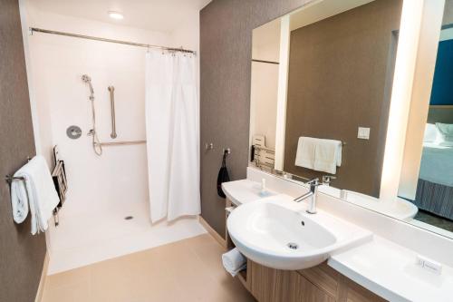 纽瓦克SpringHill Suites by Marriott Newark Fremont的白色的浴室设有水槽和淋浴。