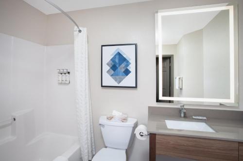 克拉克斯维尔路易斯维尔北烛木套房酒店的一间带卫生间、水槽和镜子的浴室