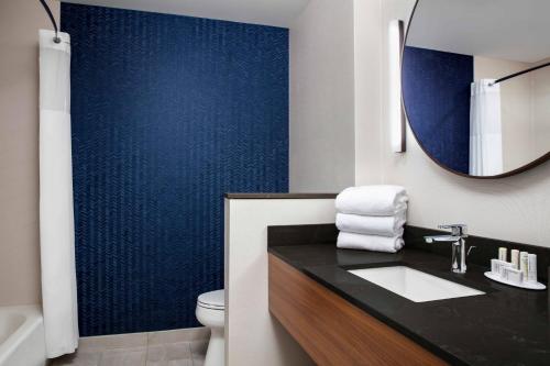 刘易斯堡Fairfield by Marriott Inn & Suites Lewisburg的一间带水槽和蓝色墙壁的浴室