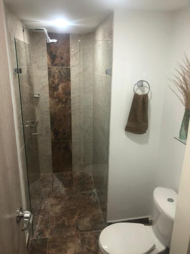 麦德林Hostel Campoamor的一间带卫生间和玻璃淋浴间的浴室