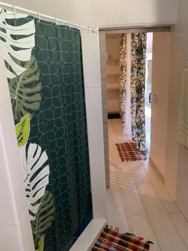 帕皮提A TOMO MAI Homestay的一间带淋浴的浴室和绿色的墙壁