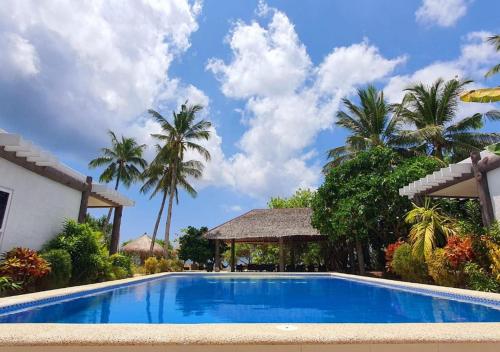 Santa FePili Beach Resort Agmanic的棕榈树度假村前的游泳池