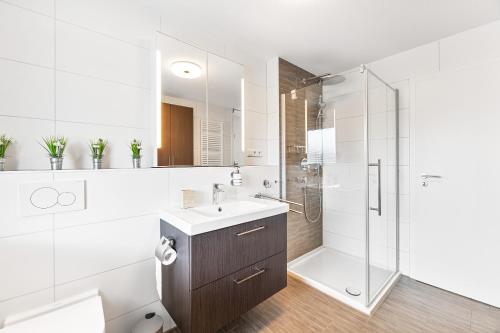 莱因费尔登-埃希特尔丁根Design-Apartment - Küche - Parken - zentral的带淋浴和盥洗盆的白色浴室