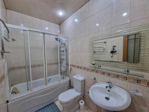 巴库Malakan apartment的浴室配有卫生间、盥洗盆和淋浴。